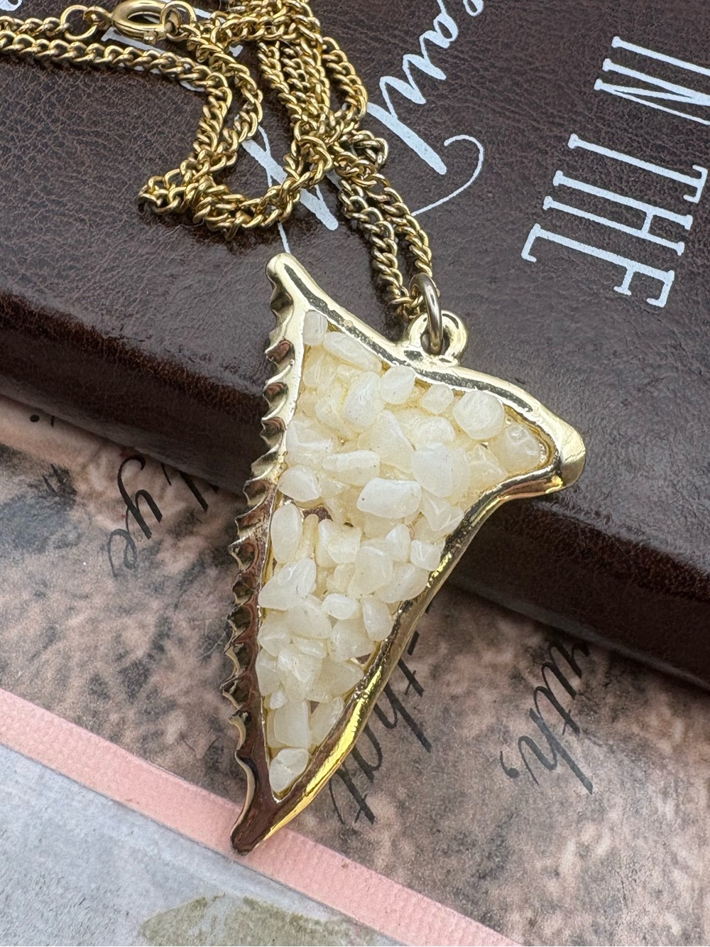 Coastal Boho Shark Tooth Shaped Pendant Necklace Gold Tone Cream Statement